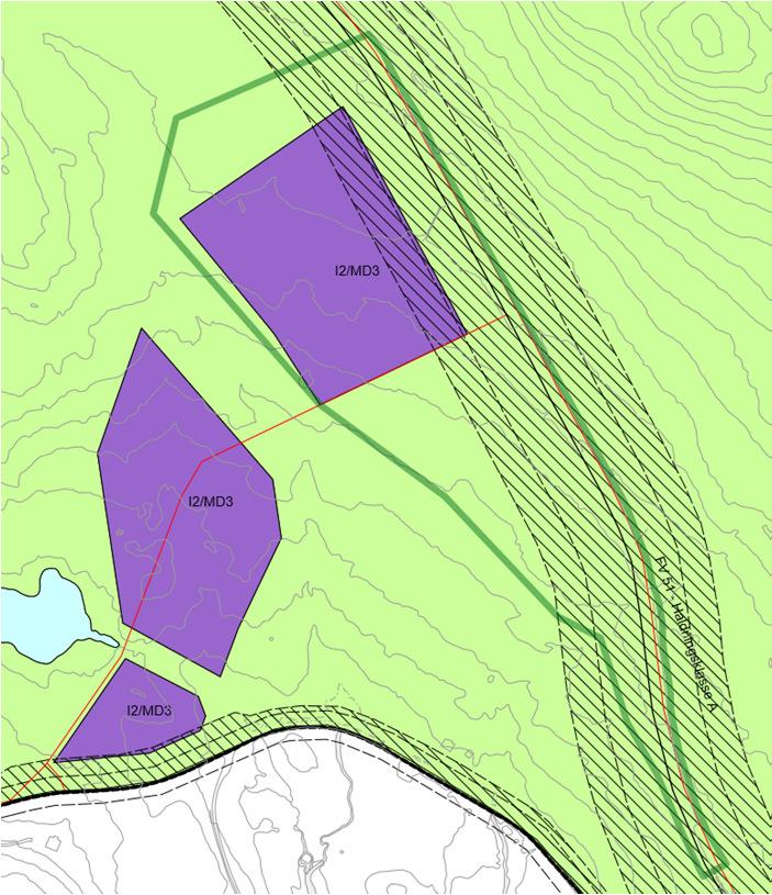 Fig. 2: Planområdet og område I2/MD3 i kommunedelplanen. Planområdet markert med grøn omramming. Tre område har nemninga I2/MD3.