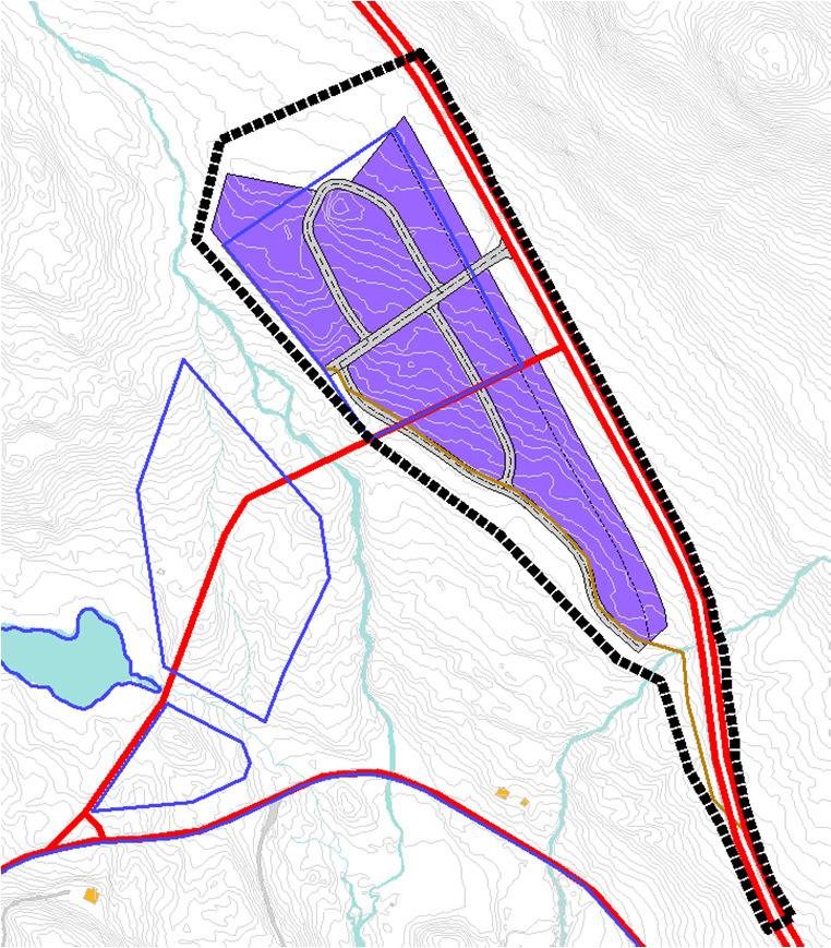 Fig. 3: Planavgrensing, utkast til plan og liner frå kommunedelplanen. Samferdsle-liner i kommunedelplanen er teikna ut med raude liner og føremålsgrenser med blå.