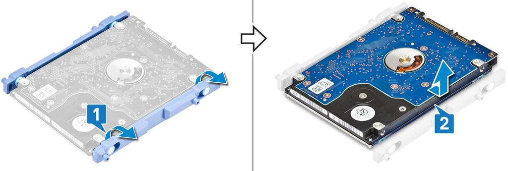 4. Slik fjerner du harddiskbraketten: a) Lirk tappene på harddiskbraketten fra sporene på harddisken [1]. b) Skyv harddisken, og løft den ut av braketten [2]. Montere harddiskenheten 1.