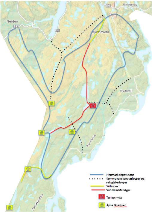 Side 2 av 5 Kart over området. Planlagt trasè merket i rødt.