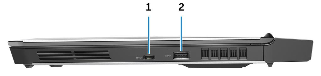 Venstre 1 Spor for sikkerhetskabel (for Noble-låser) Koble til en sikkerhetskabelen for å forhindre uautorisert bevegelse av datamaskinen. 2 USB 3.