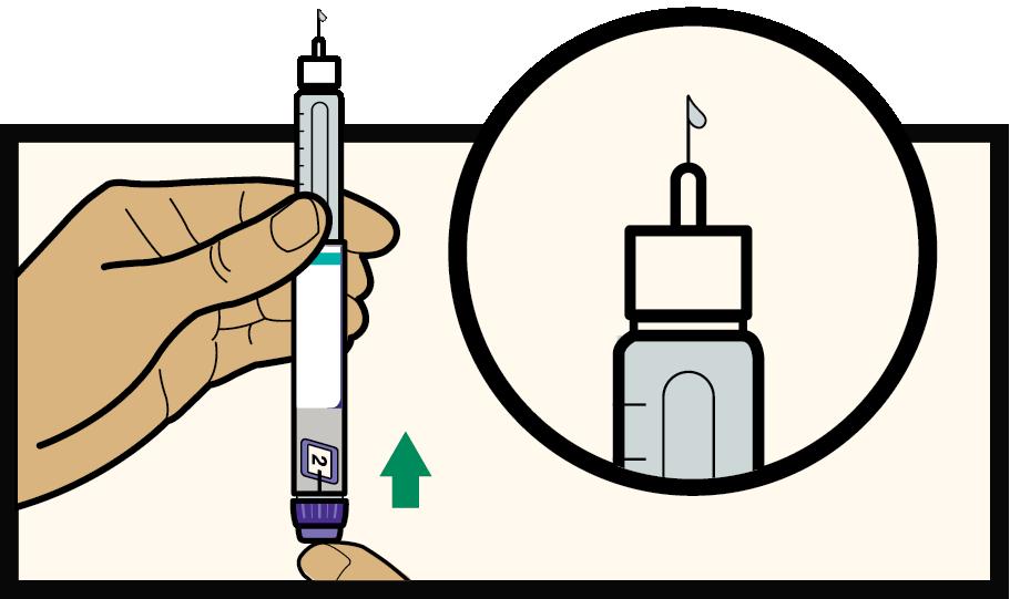 Gjenta til du ser insulin Hvis det ikke kommer ut noe legemiddel, still inn på 2 enheter igjen og trykk på injeksjonsknappen. Det kan ta opptil fem forsøk.