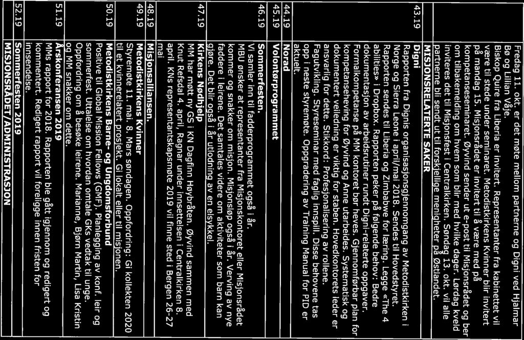 43.19 Digni MISJONSRELATERTE SAKER p mandag 15. Misjonsrdet er invitert til være med p være til stede under seminaret. Metodistkirkens Kvinner blir invitert kompetanseseminaret.