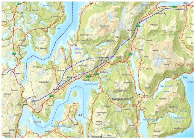 Side 3 Kart 1: Meldte ledningstraseer mellom Ølen og Våg