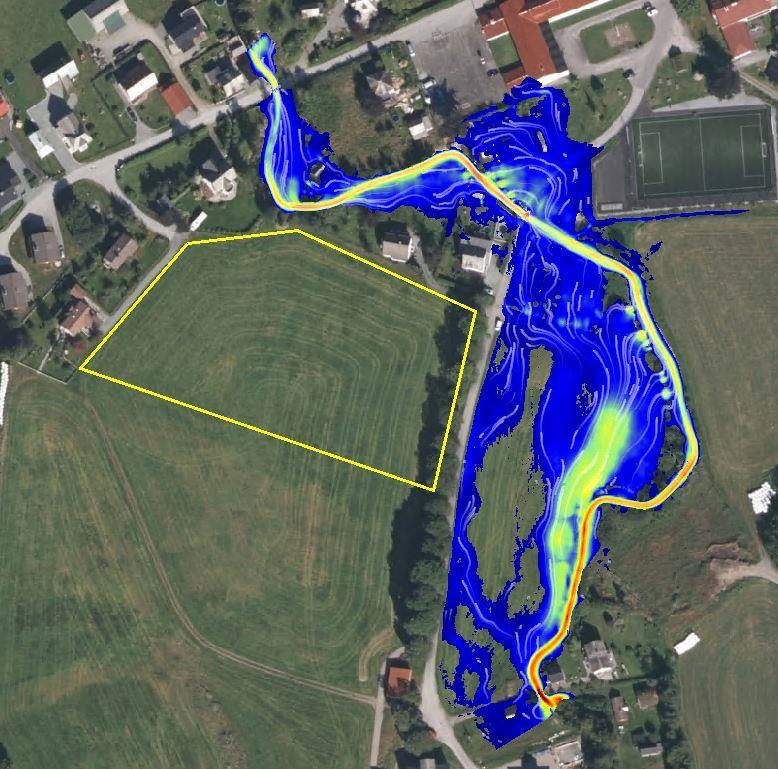 Figur 6-3. Mønsteret av flomstrømningen ved planområdet.