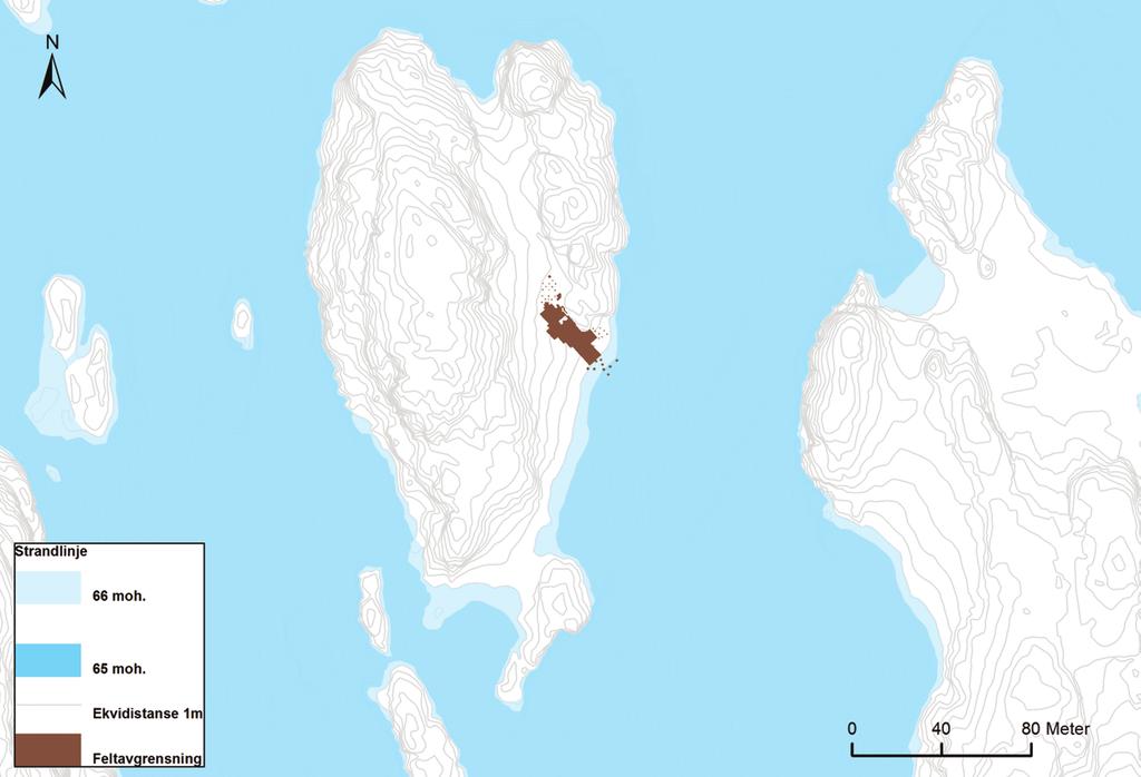140 e18 bommestad-sky Figur 12.30. Kartet viser Nordby 2 med havnivået hevet til 65 og 66 moh. Lokaliteten ligger på vestsiden av et sund på en mindre øy.