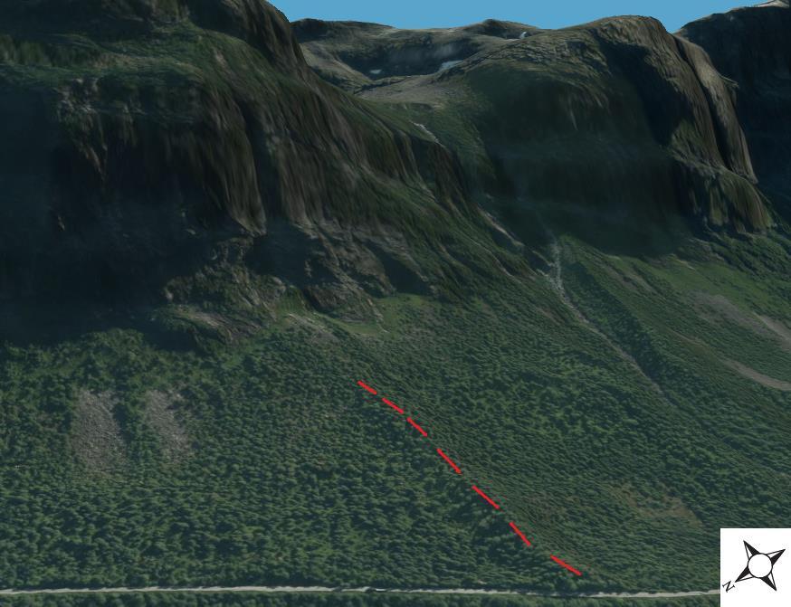 Figur 3.12: Ryggen «Urakamben» like ved Langdal gård, som ligger nederst til høyre i bildet. Den strekker seg fra Rv63 fra vest ved ca. 440 moh. til ca. 570 moh.