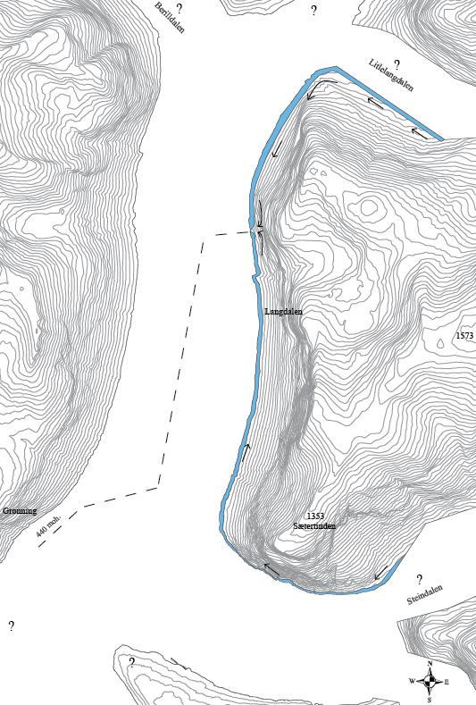 Figur 5.1: Tentativt breforløp under den vertikale nedsmeltingsfasen. Smeltevann fra Steindalen og Litlelangdalen blir drenert langs den østlige brekanten.