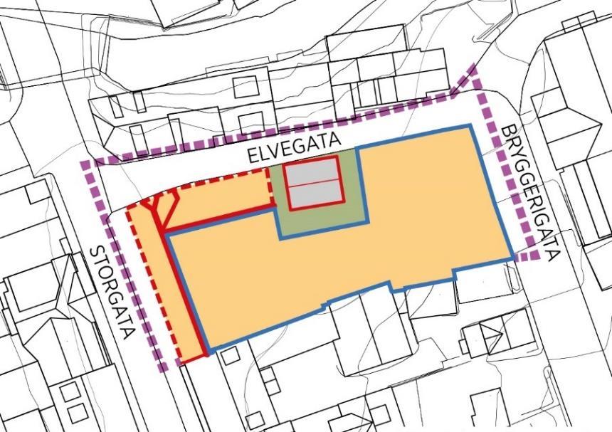 Illustrasjonsdiagram: Fasader mot Storgata og Elvegata rekonstrueres og tilpasses ny bruk om nødvendig, man bevarer bygningen i Elvegata 15, med åpning i fasaderekken mot Elvegata, mens øvrig