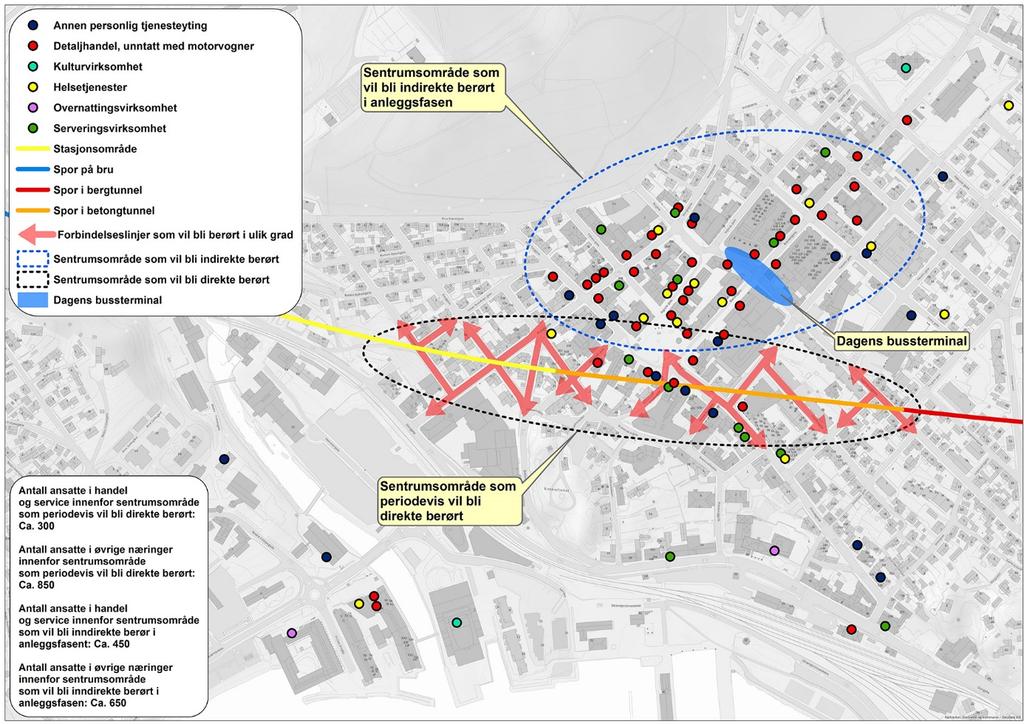 Figur 1-1. Virksomheter og sentrumsgater som på ulike måter vil bli berørt av tiltaket. Figuren er hentet fra Rapport Oppfølging av vedtak i Larvik (ICP-36-A-25633).