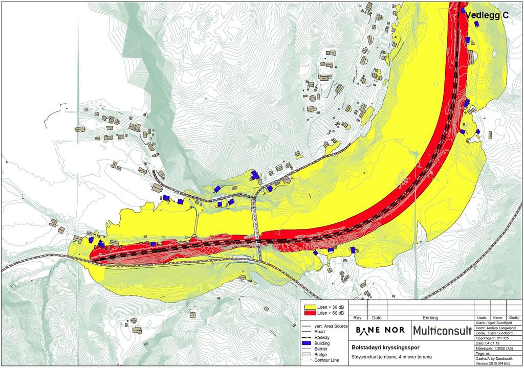 5 Konsekvensar av planforslaget Når det gjeld støy så viser ny støykartlegging at totalt 20 bustader får berekna lydnivå ved fasade over gjeldande grenseverdi for støy frå jernbane.