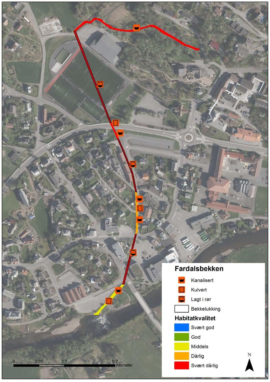 Oversikt over Fardalsbekken som ble kartlagt i mai 2018.