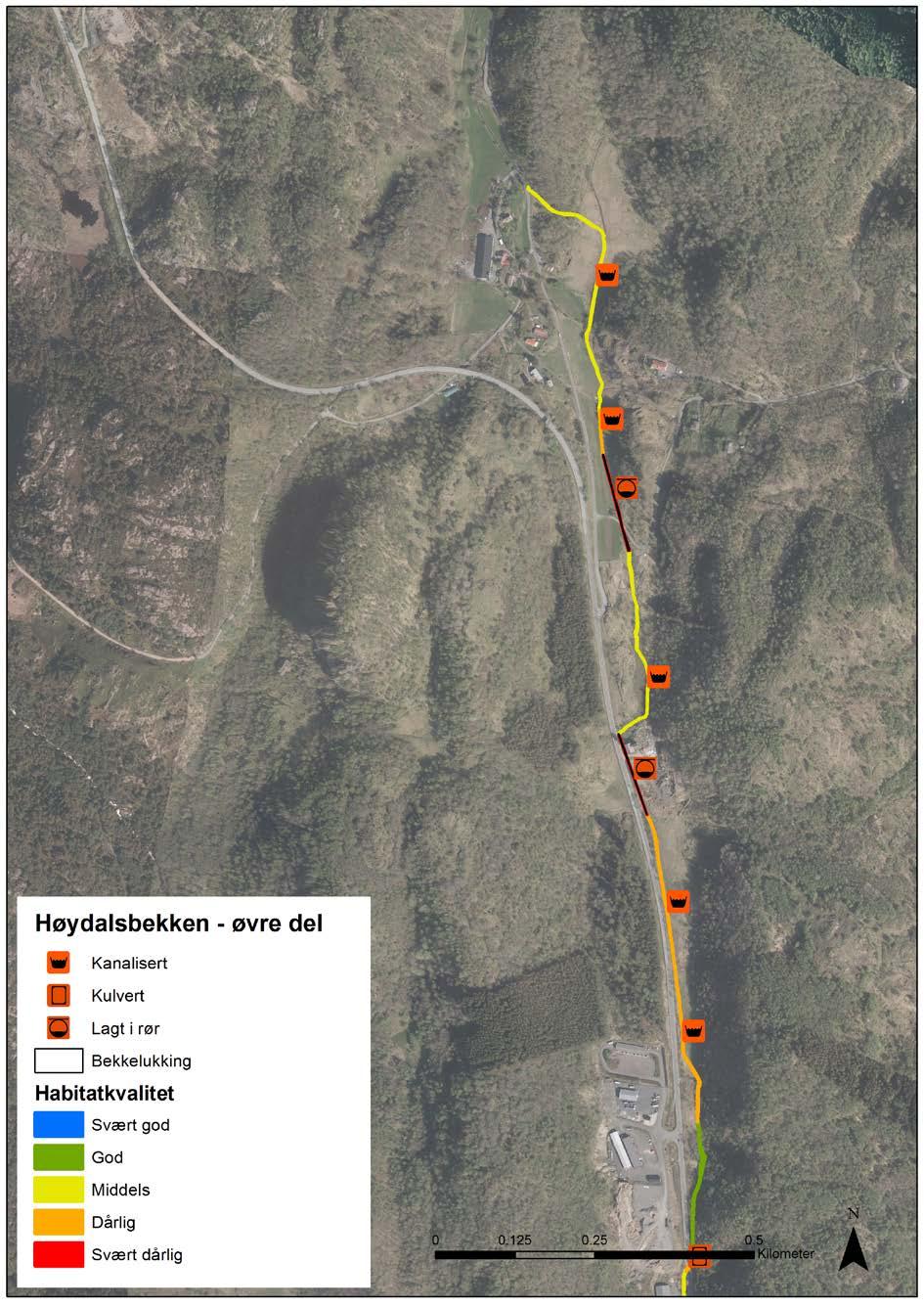 Oversikt over øvre del av Høydalsbekken som ble kartlagt mai