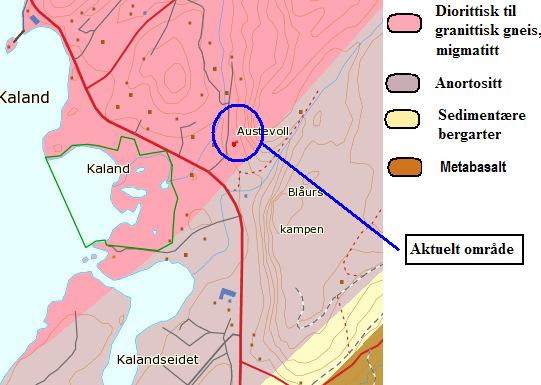 Figur 2: Berggrunnskart for aktuelt område (www.ngu.no) Sprekkeforhold Det er ikke gjennomført noen detaljert sprekkekartlegging, men det er registrert følgende sprekkesystemer i området.