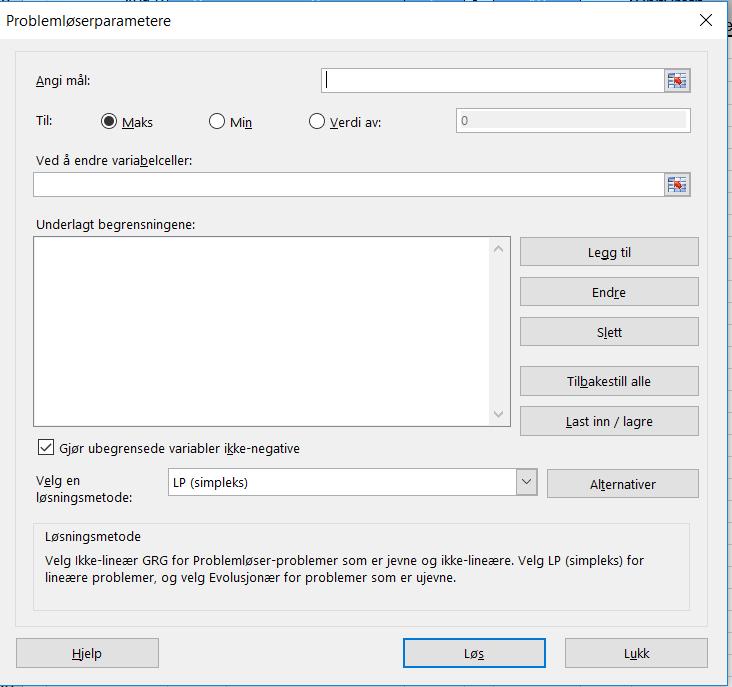 d) Ut fra regnarket over, hva ville du gjort i Solver for å løse problemet i Excel? Bruk cellerefereranser til aktuelle celler som f.eks.