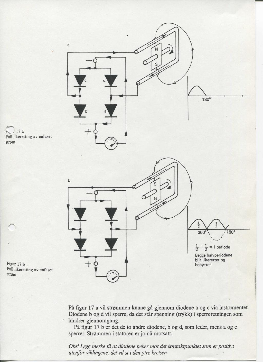 Pi figur 17 a vil strommen kunne gi gjennom diodene a og c via instrumentet. Diodene b og d vil sperre, da det stir spenning (trykk) i sperreretningen som hindrer gjennomgang.