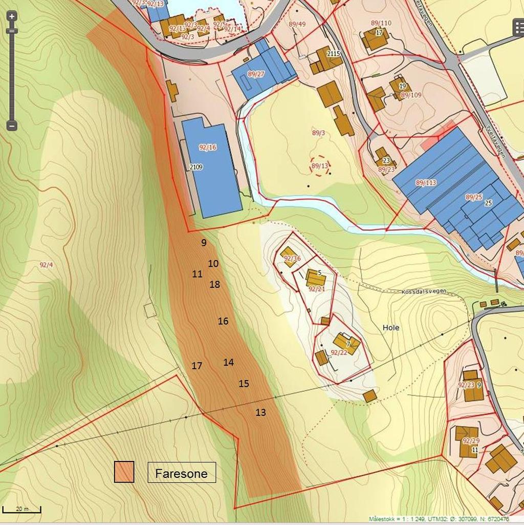 Fig 20. Oppdatert kart over faresone. Tall angir fig. nr. 8. Andre geologisk relaterte faktorer: 8.1.