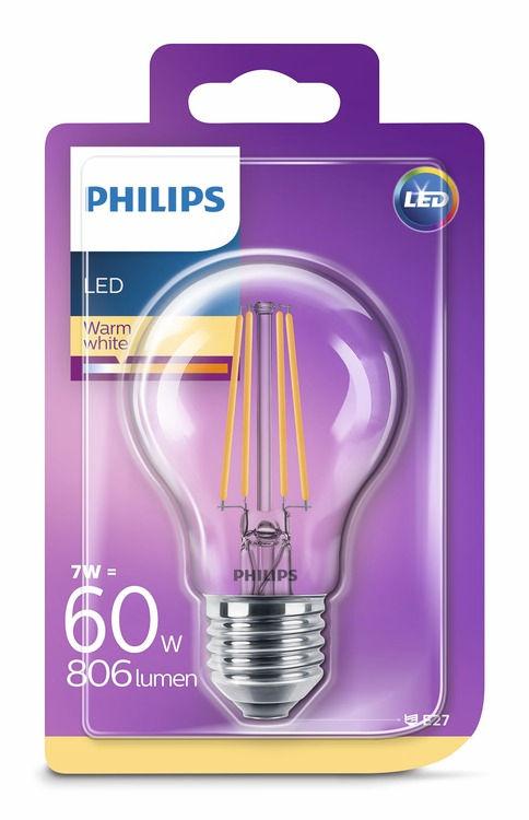 PHILIPS LED Lyskilde 7 W 60 W E27 Varm hvit Kan ikke dimmes Designet for å sees Fasonger som du kjenner og er glad i.