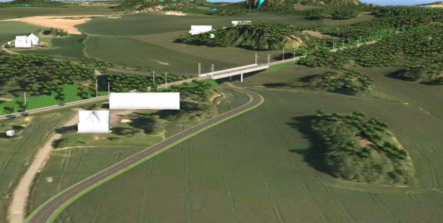 Figur 6-20: Trasé for dobbeltspor og vegomlegging ved Skåra. Fra prosjektets arbeidsmodell. Mot Larvik til venstre.