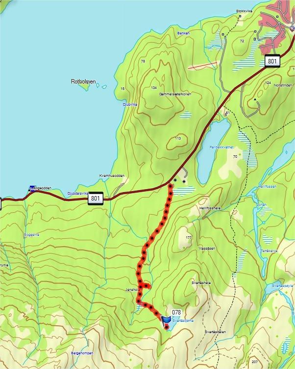 Svartåstjønna 180 moh 1,8 km Kjør fra Årsandøy i retning Terråk på Fv 801. Ca 2 km før tettstedet, sør for Fallbekkvatnet, tar du til høyre ved bakketopp.