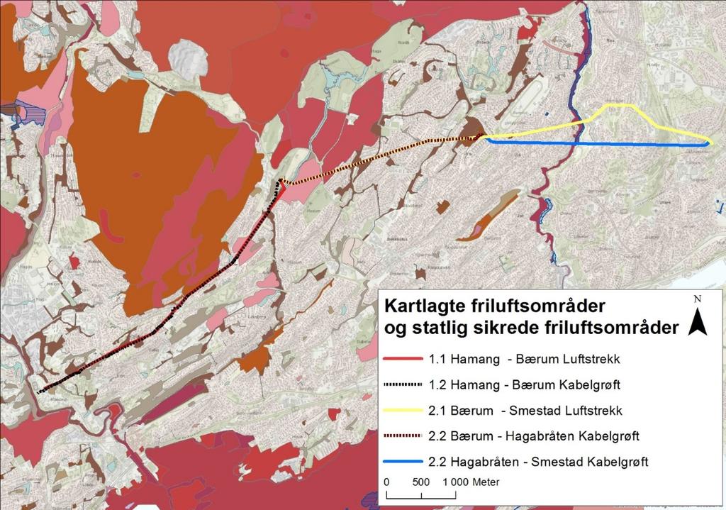 Figur 3-1 Oversikt over kartlagte friluftsområder i Bærum kommune og statlig sikrede friluftsområder i Bærum og Oslo kommuner. Polygoner representerer forskjellige verdisatte friluftsområder.