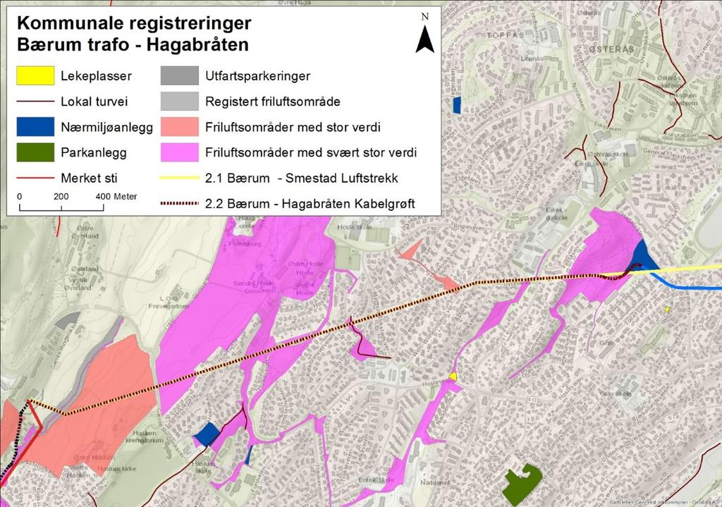 Figur 5-3 Oversikt over kommunale registreringer langs foreslått trasé for luftlinje og kabelgrøft mellom Bærum trafo og Hagabråten. Kilde: Bærum kommune/miljødirektoratet.