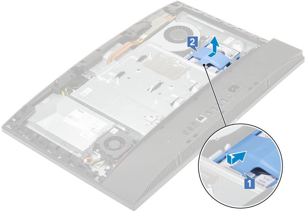 4. Slik fjerner du harddiskbraketten: a) Lirk tappene på harddiskbraketten fra sporene på harddisken [1].