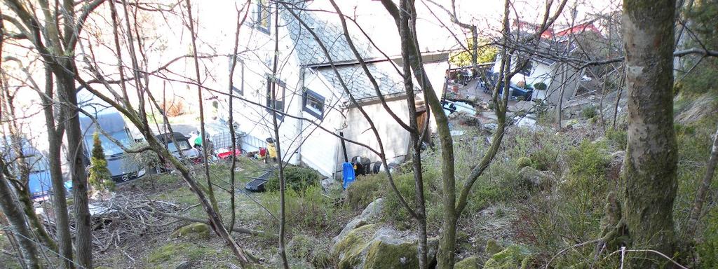 Bak boligene i Lyngbøveien 62 og 66 er det en bratt bergvegg. Det er en del tidligere steinsprang/-skred som tidligere har løsnet bak eiendommene, se figur 4.