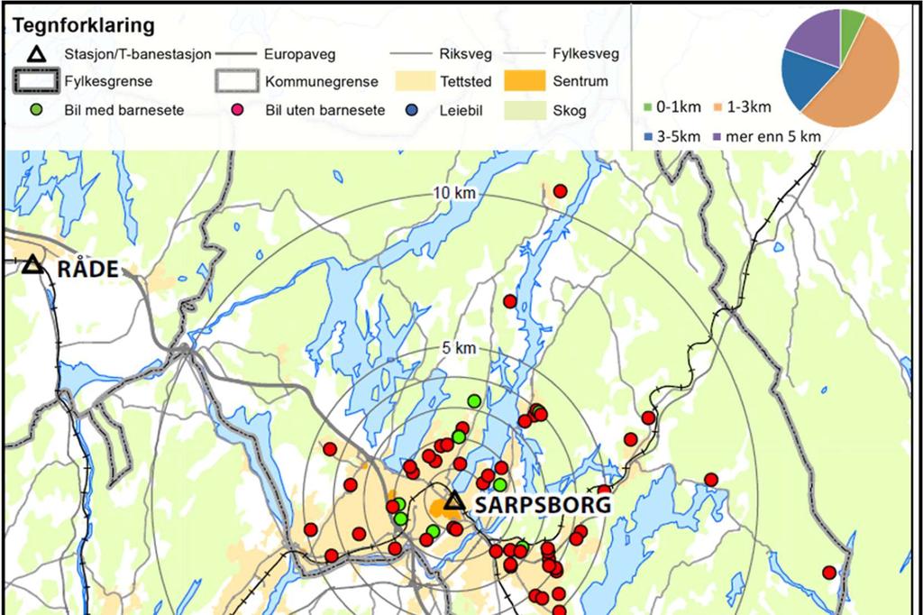 19 av 59 På kartet er det vist hvilke geografiske områder de parkerende ved Sarpsborg stasjon er bosatt i.