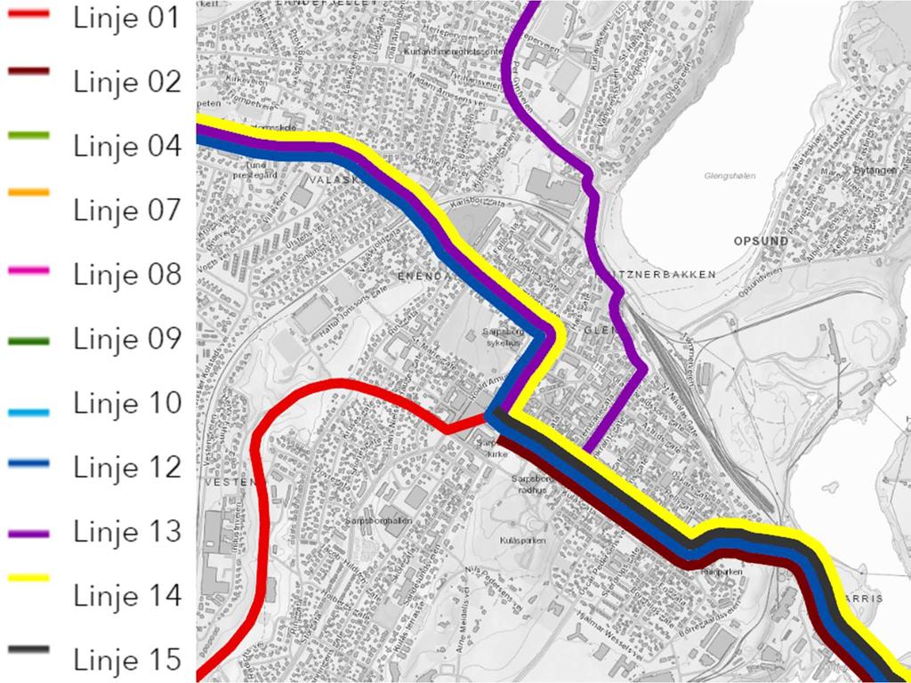 22 av 59 Følgende rutekart viser at rute 1, 2, 12, 13, 14, 15 vil gå innom dagens bussterminal i Sarpsborg sentrum: Figur 11: Forslag til fremtidig stamrutetilbud i Sarpsborg.