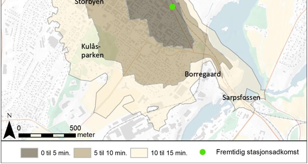 34 av 59 5.2.3 Dekningsområde for gange til Sarpsborg stasjon, alt. NFO-10, med ny trasé for rv.