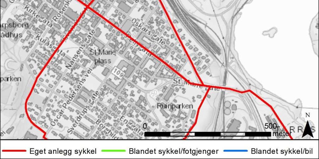 Figur 33: Kartutsnitt som viser sykkelstrategien for området rundt Sarpsborg stasjon St.