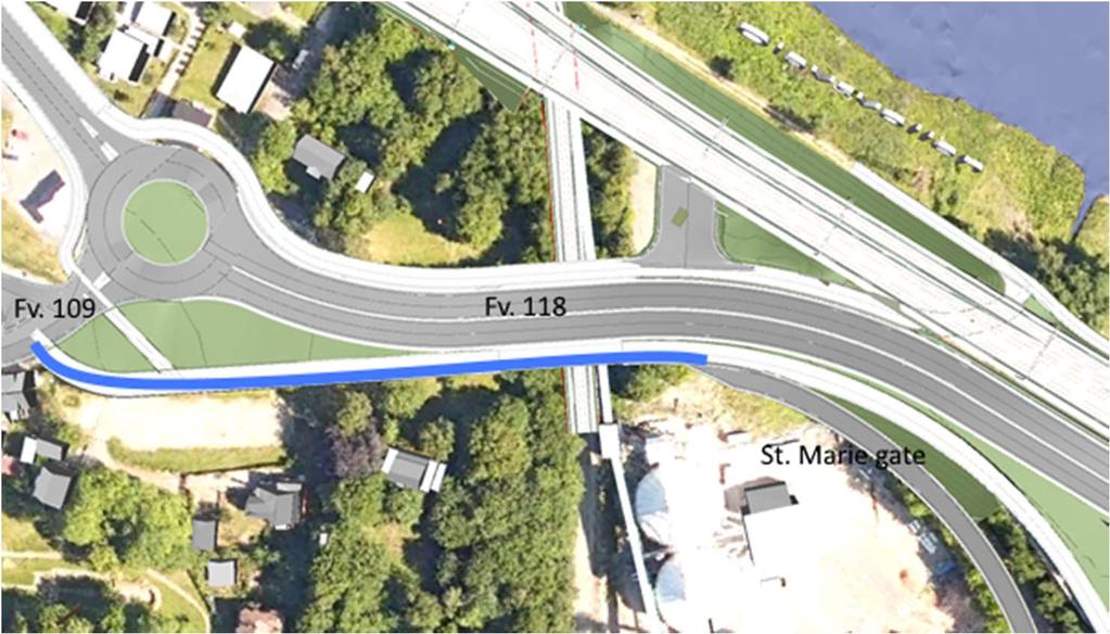 56 av 59 St. Marie gate har i dag avkjørsel fra fv. 118 ca. 350 meter vest for Sarpsfossen. I fremtiden vil nivåforskjellen mellom fremtidig gang- og sykkelveg på sørsiden av fv.