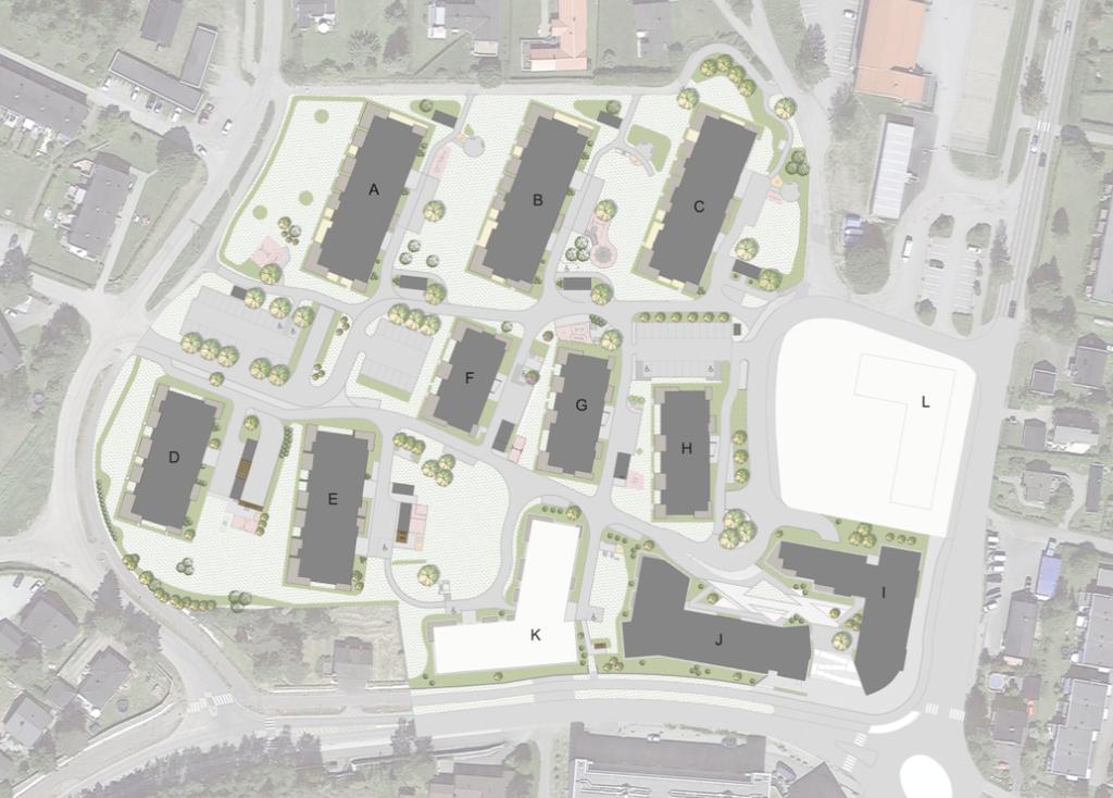 planområde er tenkt tilpasset eksisterende bygninger (Jessheim Park) i nord. Hoveddelen av parkeringsplassene vil bli plassert i parkeringskjellere. Det er tenkt en trinnvis utvikling.