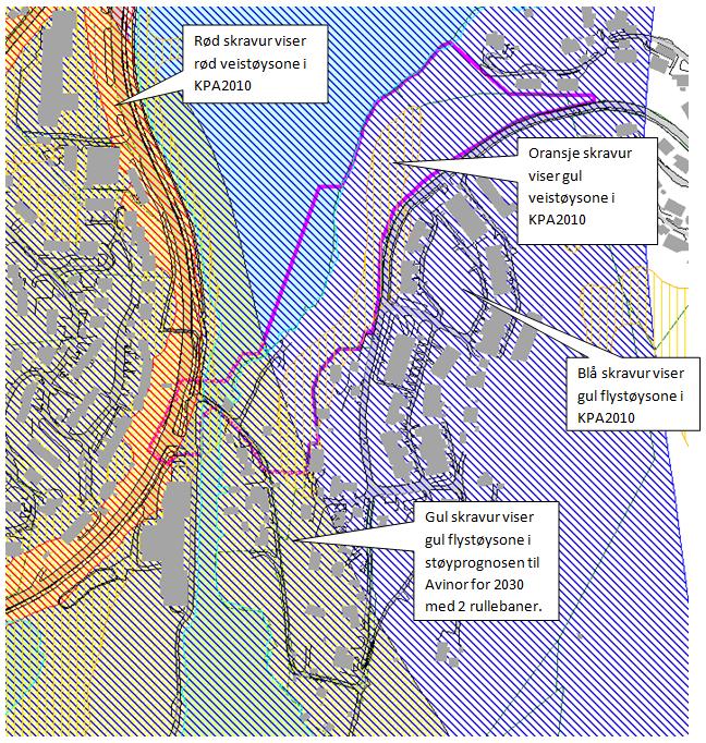 Figur 4 Rosa avgrensning er planområdet og skravurene med ulike farger er hensynssoner i arealplanen (KPA 2010) og prognoser utarbeidet av SINTEF (se tekstbokser i figuren).
