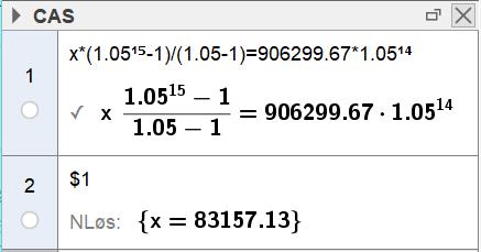b) Hvor stor blir den årlige utbetalingen med alternativ I? Vi setter opp en geometrisk rekke hvor a = x og antall uttak er n = 5.