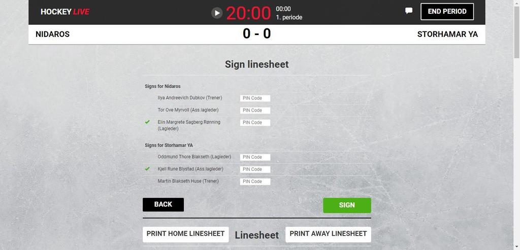 Linesheet Print and sign Under Linesheet finner du mulighet til å printe ut Linesheet for begge lag.