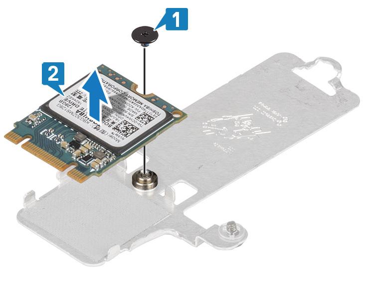 4 Snu varmeplaten. 5 Fjern (M2x2)-skruen som fester SSD-disken til varmeplaten [1]. 6 Løft SSD-disken fra varmeplaten [2]. Sett inn M.