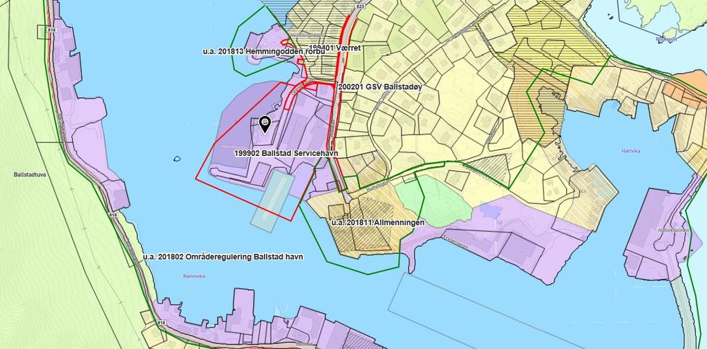 I gjeldende kommunedelplan Ballstad (plan-id 201203, vedtatt 24.5.20016) er området avsatt til nåværende og fremtidig (område N1) næringsformål.