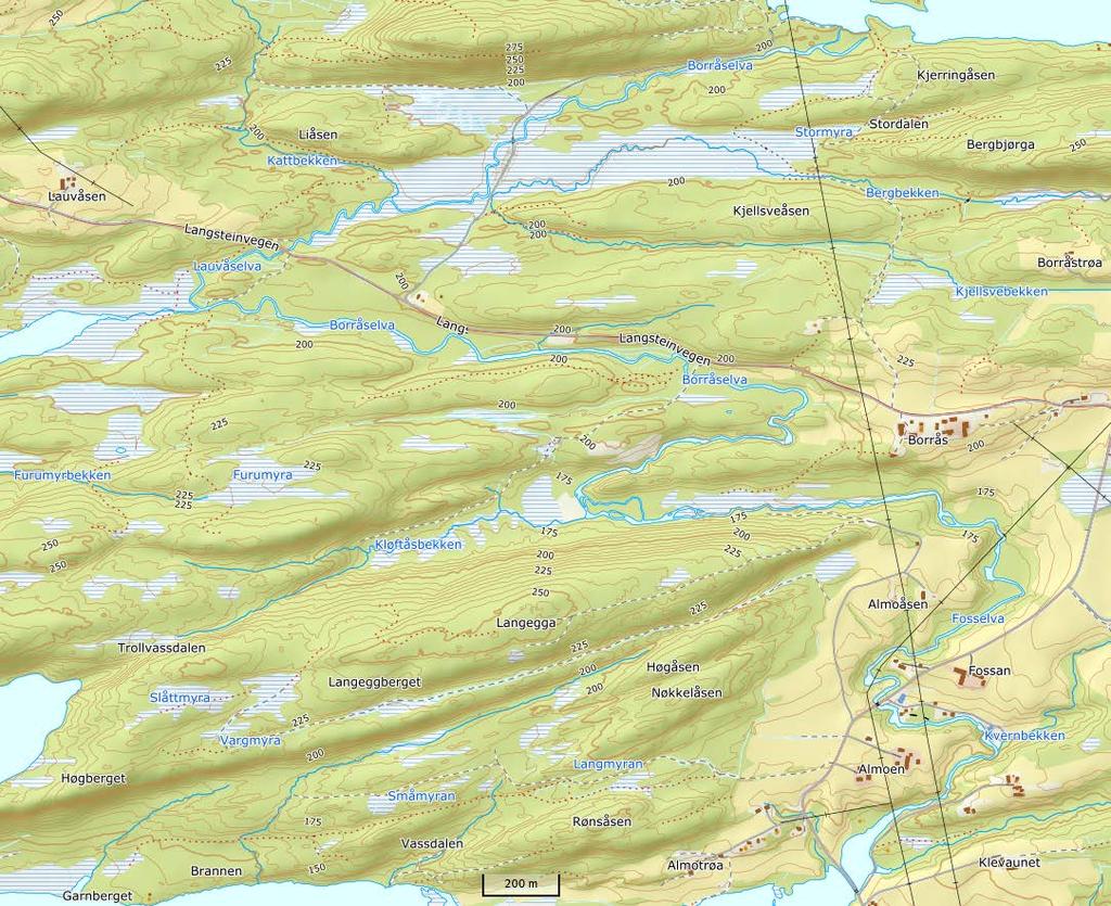 Figur 6. Nedbørfeltet til Borråselva (124.2Z) der undersøkt elvestrekning er markert med rød ramme.