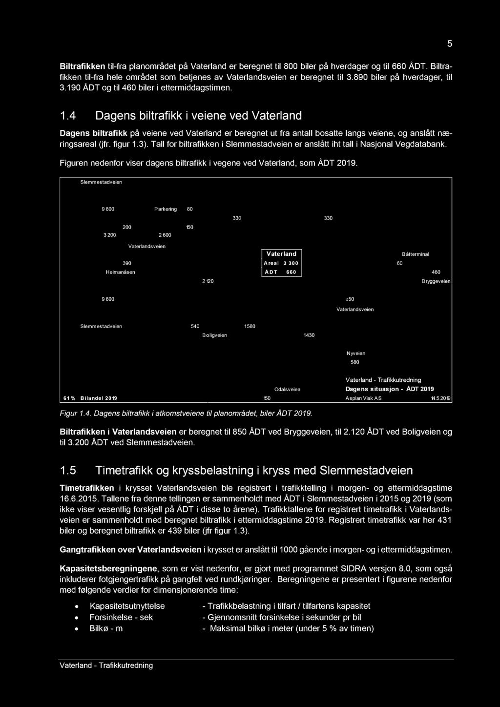 Biltrafikken til - fra planområdet på Vaterland er beregnet til 800 biler på hverdager og til 660 ÅDT. Biltrafikken til - fra hele området som betjenes av Vaterlandsveien er beregnet til 3.