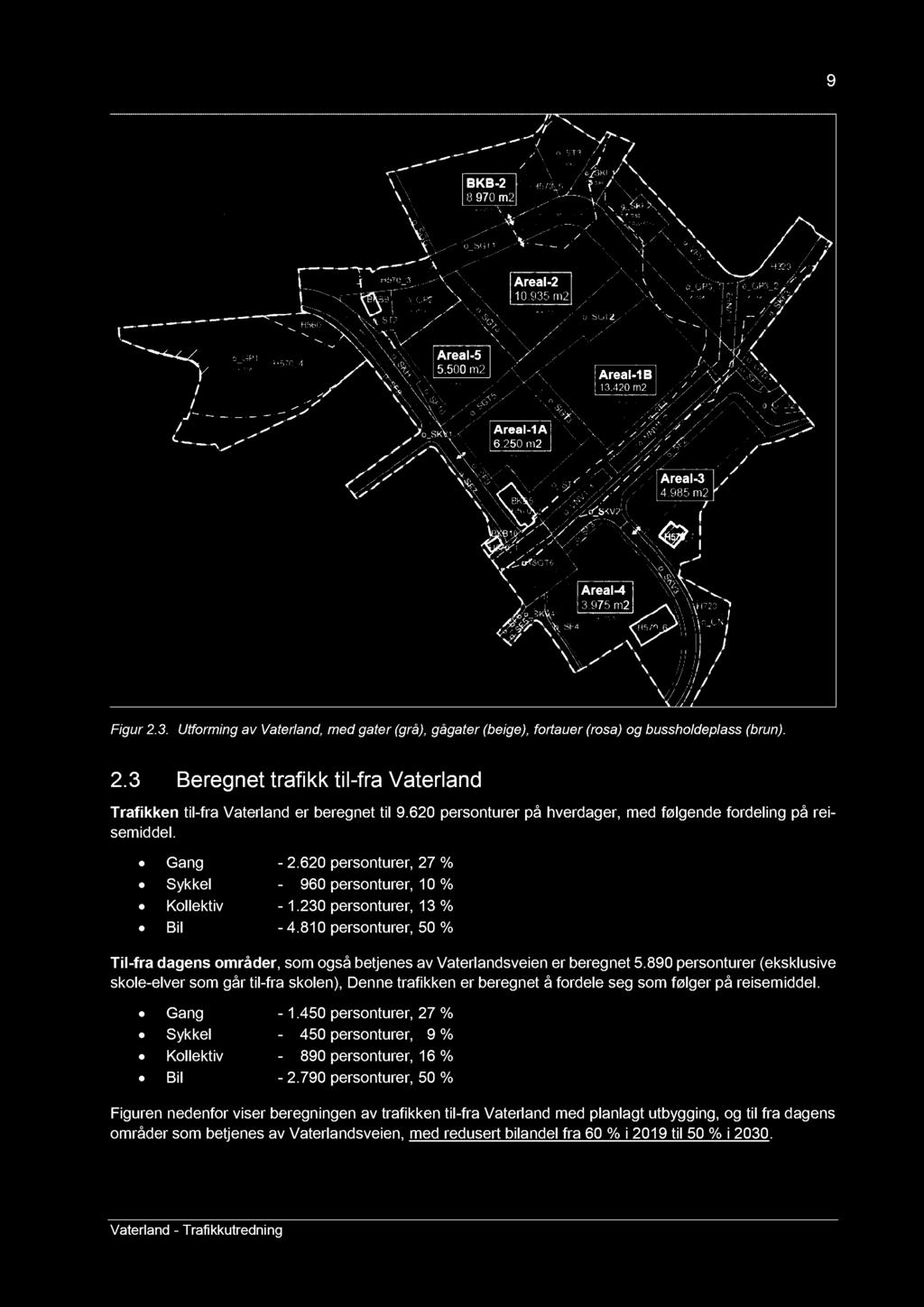 9 Figur 2. 3. Utforming av Vaterland, med gater (grå), gågater (beige), fortauer (rosa) og bussholdeplass (brun). 2.3 Beregnet trafikk til - fra Vaterland T rafikk en til - fra Vaterland er beregnet til 9.