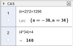 figur med totalt 81 rektangel? Løyser likninga i CAS GeoGebra For å lage ein figur med 81 rektangel totalt, har vi n = 7. Det vil då vere n 2 = 7 2 = 49 kvite rektangel.