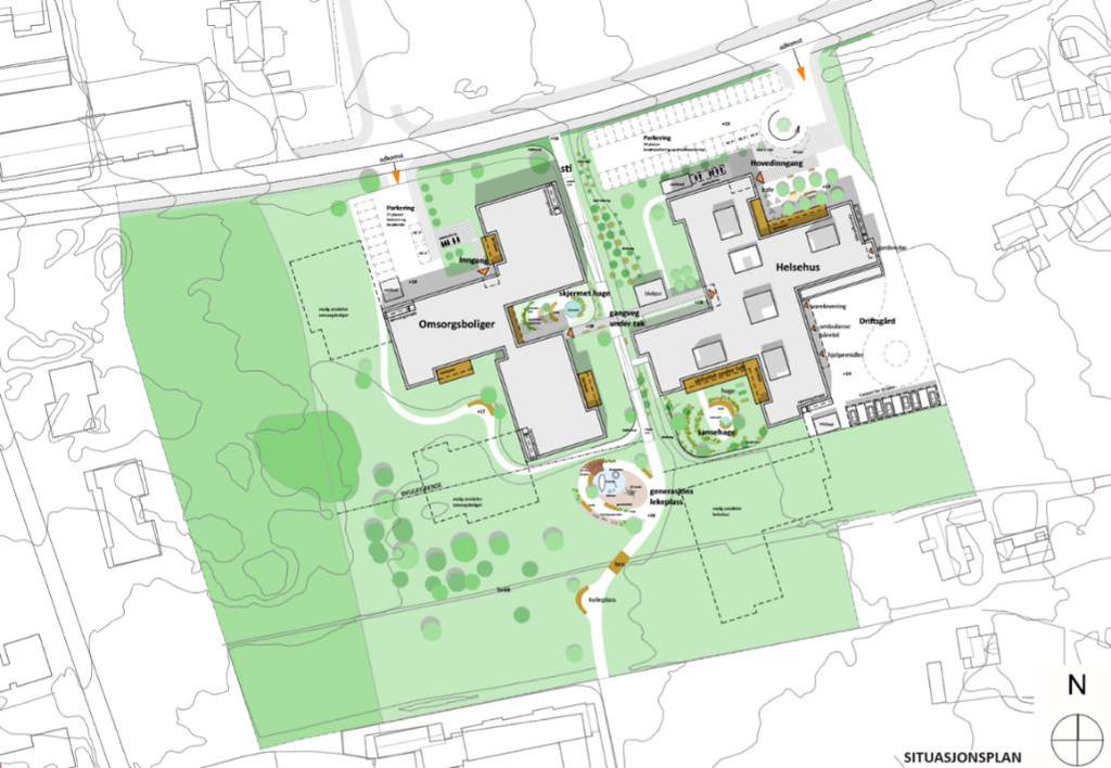 2. Forhold til omgivelsene «Lophelia» viser hovedgrep for videreføring av utomhus med egnede oppholdsareal og dertil varierte kvaliteter for opphold og kommunikasjon.