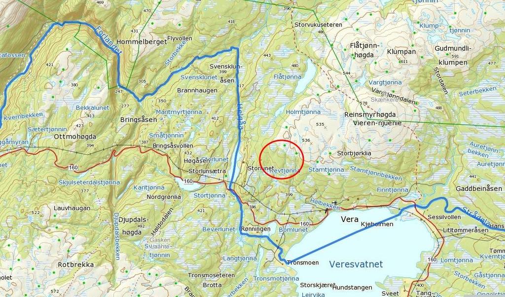 3. TILTAKSBESKRIVELSE Utbyggingen er planlagt i et ca. 100 daa stort område nordvest for Veresvatnet (Figur 3). Planområdet ligger like nord for Revtjønna, ca.