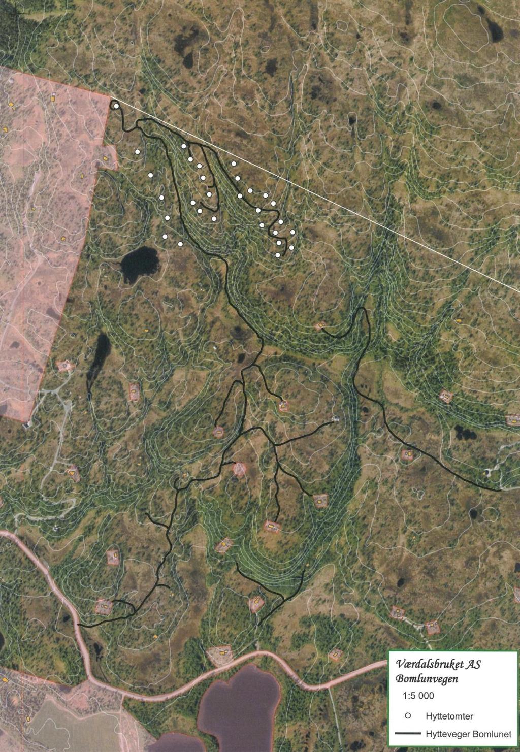 Figur 4. Eksisterende (innrammede gule felter) og planlagte (hvite prikker) hytter innenfor og rundt det aktuelle planområdet nordvest for Veresvatnet. Eksisterende veier fremkommer som grå linjer.