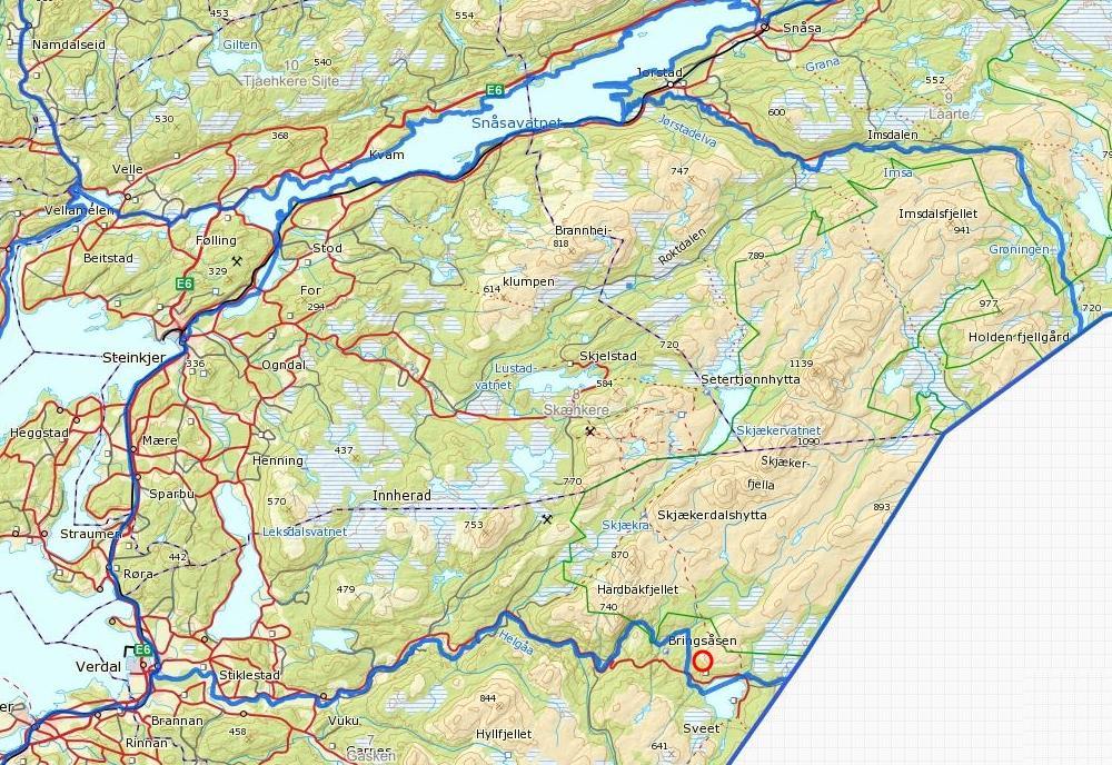 Figur 1. Rbd 8 (blå strek) med det aktuelle planområdet ved Veresvatnet (rød sirkel) sørøst i distriktet. 2.