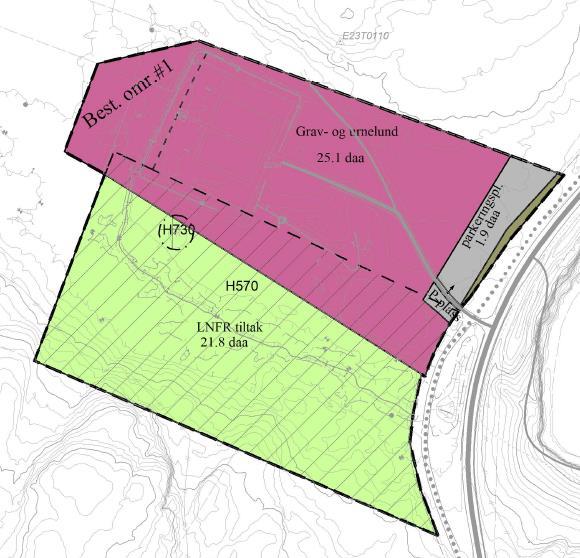 4.12 Planlagt arealbruk Arealformål Bebyggelse og anlegg: Grav- og urnelund Samferdselsanlegg og teknisk infrastruktur: Kjøreveg Annen veggrunn grøntareal Parkeringsplasser LNFR-område LNFR-areal for