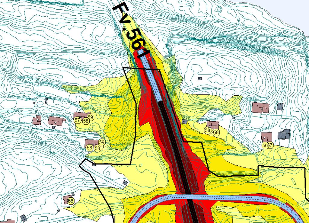 Fv.561 Figur 4-2: Støysonekart som viser LDEN i 1,5 meters beregningshøyde over terreng med tilhørende høyeste fasadenivåer av LDEN for støyfølsom bebyggelse for regulert situasjon.