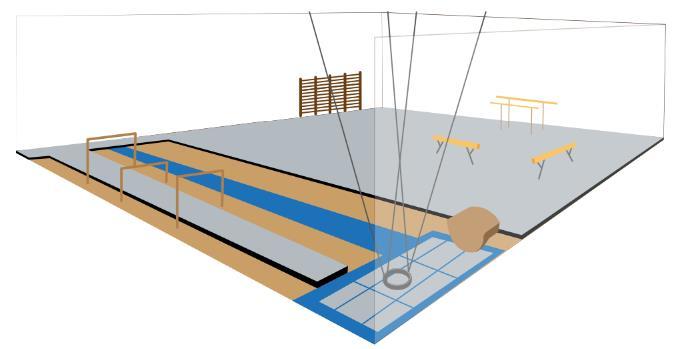 Tegningen illustrerer mulig innredning av basishall. Idrettshallen skal ha følgende faste instillasjoner: 8 ribbevegger, innfelt i vegg Taurekke med 10 tau Bom som er festet i vegg og tak.